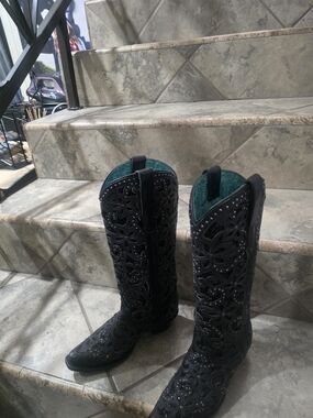 Women's Black Lace-Up Western Boots with Teal Lining